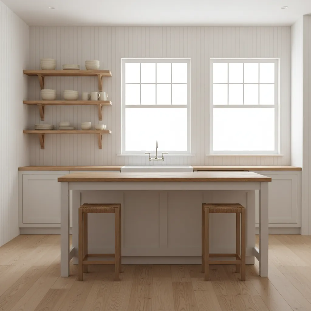 Bright kitchen with white beadboard wall paneling and open shelves