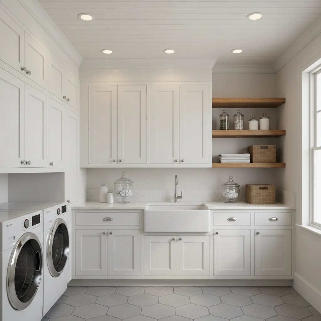 laundry room with white beadboard ceiling and recessed lighting