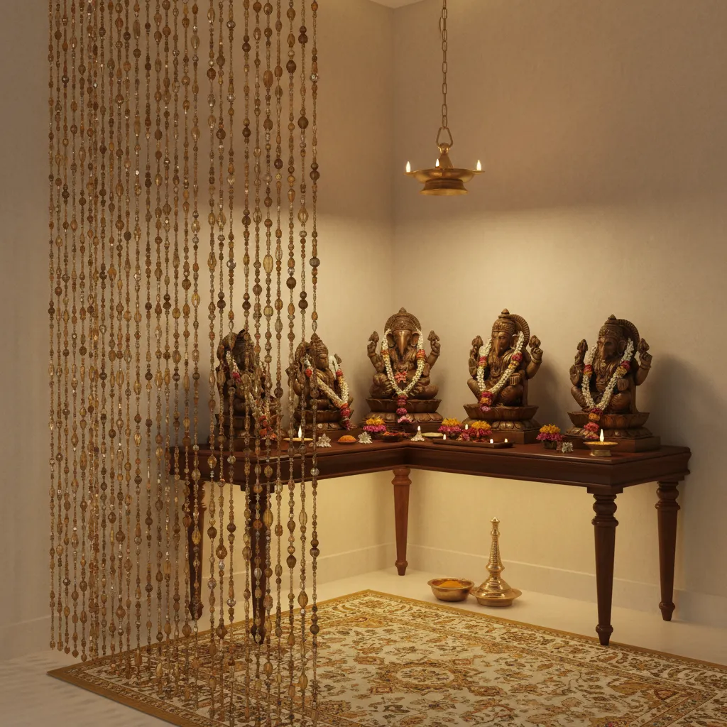 Decorative bead curtain used as pooja room divider in small space
