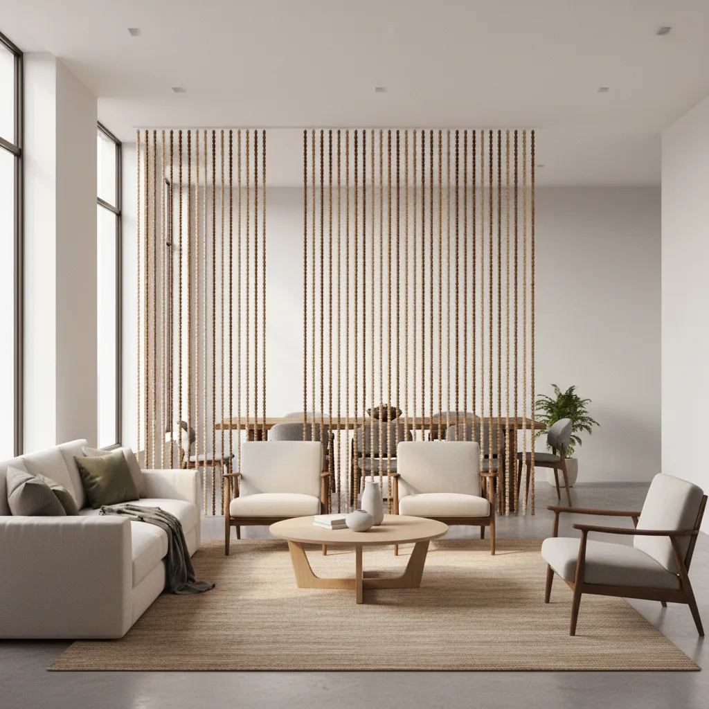 Decorative beaded curtain divider between two living room areas