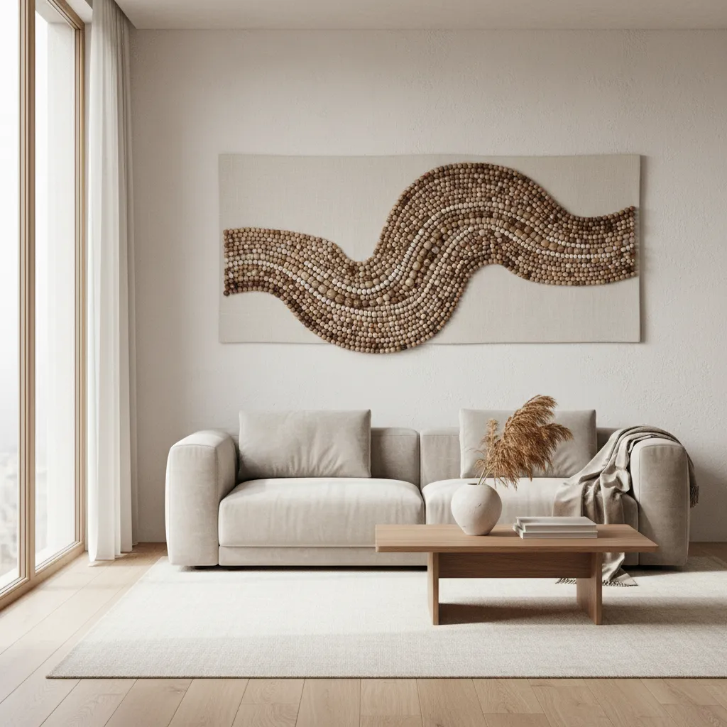 Living room with neutral sofa and decorative beaded wall hanging