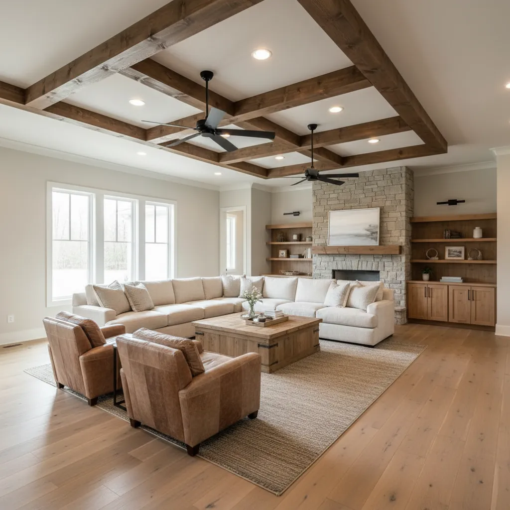 Living room ceiling with wood beams dividing space for two ceiling fans