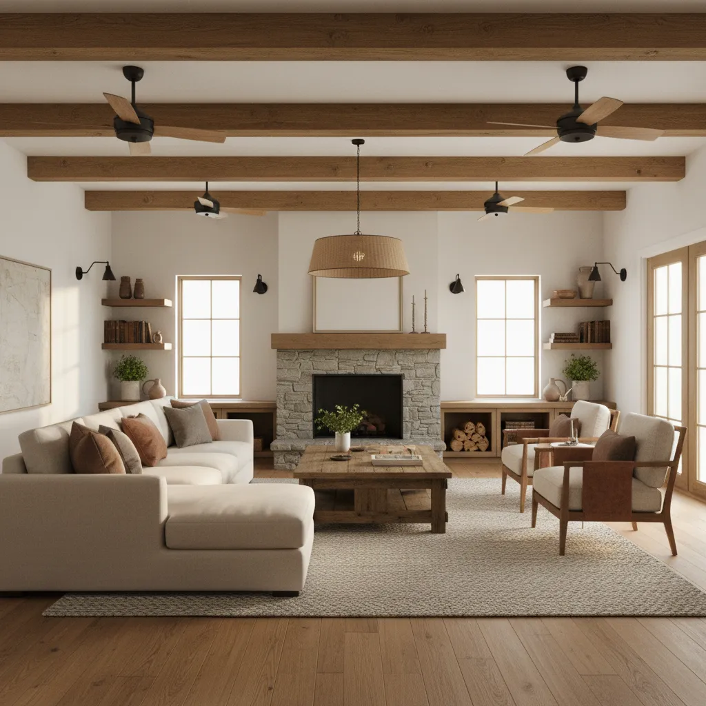 Wood beam ceiling with two ceiling fans in farmhouse living room