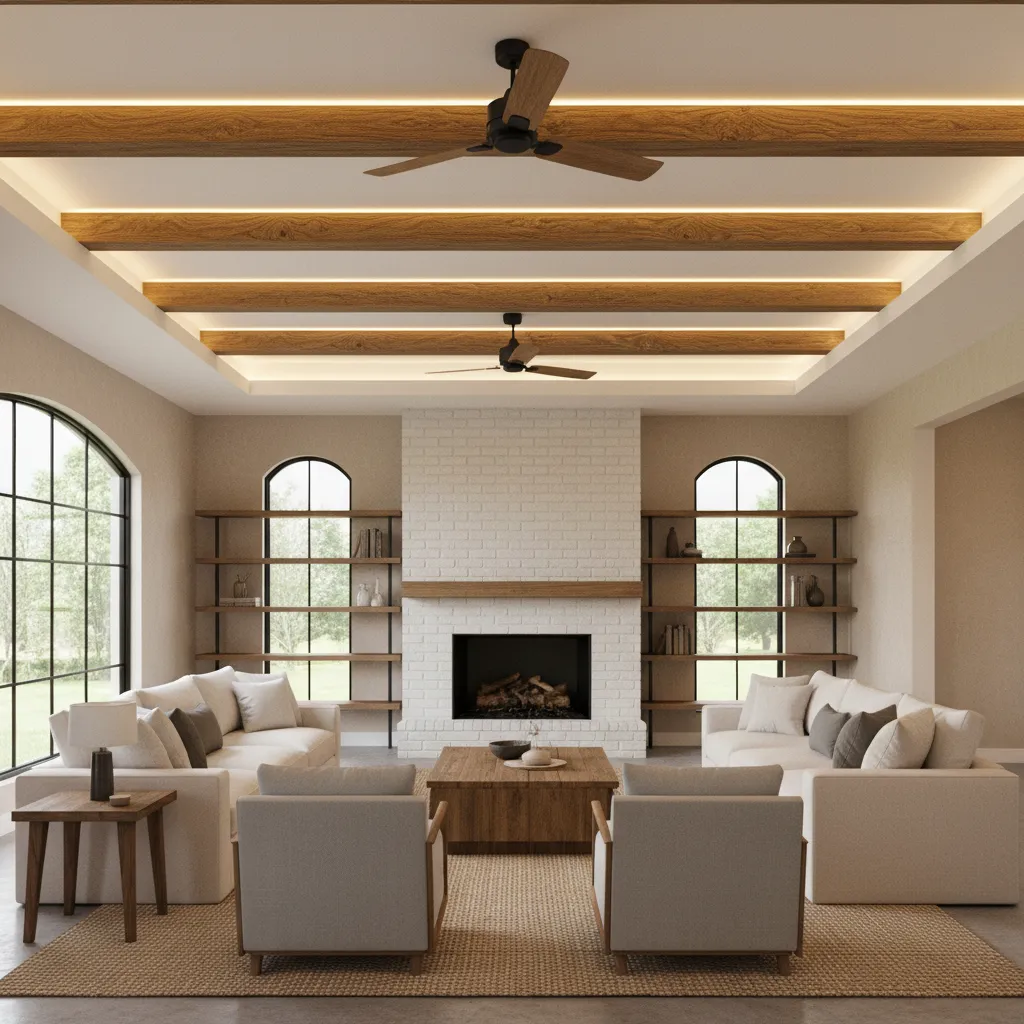 living room ceiling with decorative beams and two ceiling fans