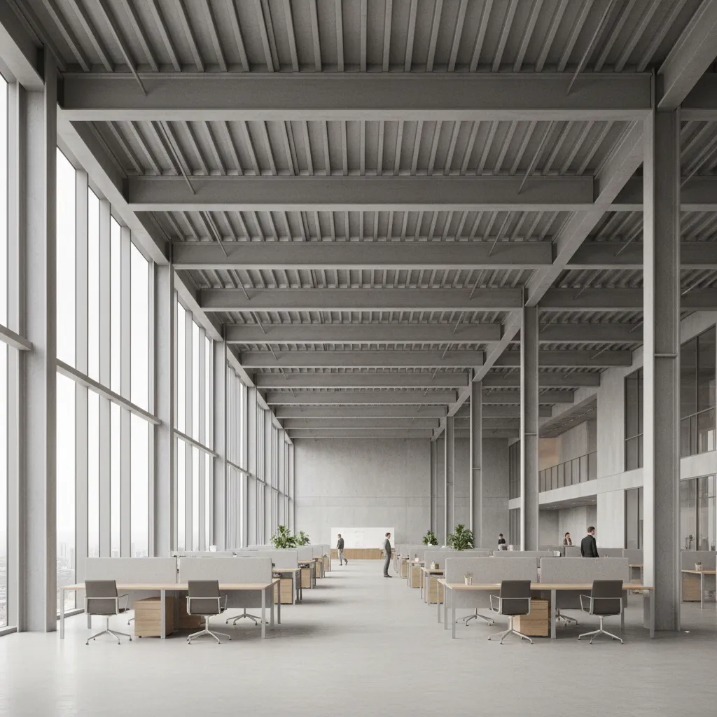 Interior structure showing long beam spans between columns in commercial building