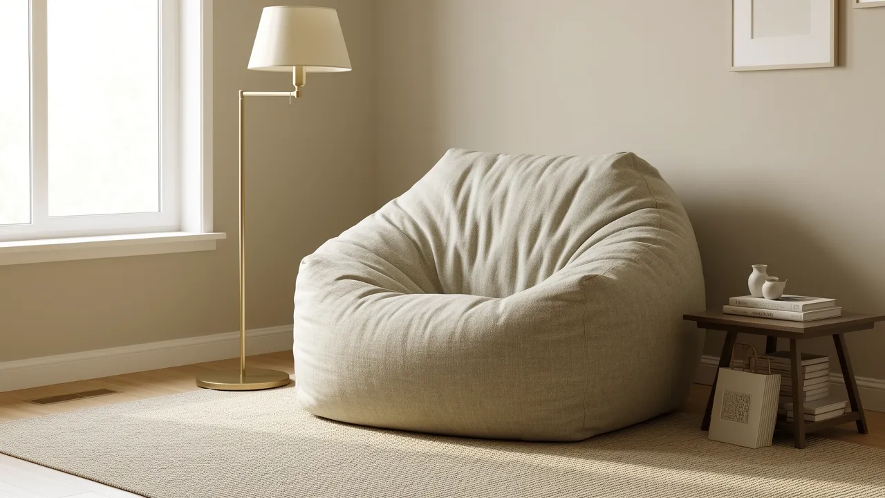 Cozy living room reading corner with oversized bean bag and floor lamp