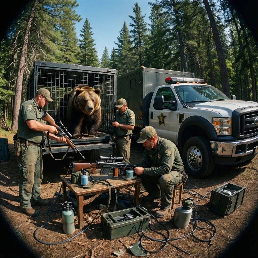 Wildlife officers with rifles near a brown bear in a cage on a white truck