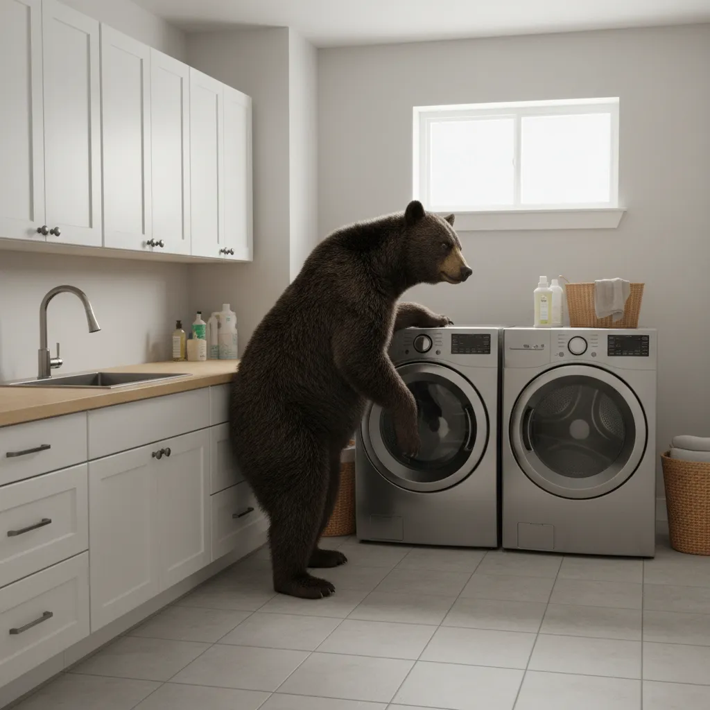 Large brown bear standing in white laundry room with washing machines and white wall cabinets