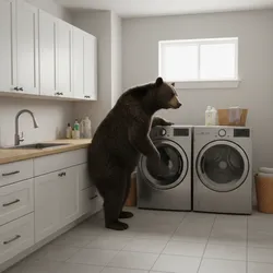 Large brown bear standing in white laundry room with washing machines and white wall cabinets