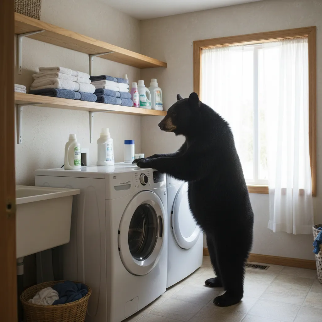 Black bear standing in laundry room with wooden shelves and washing machine by the window