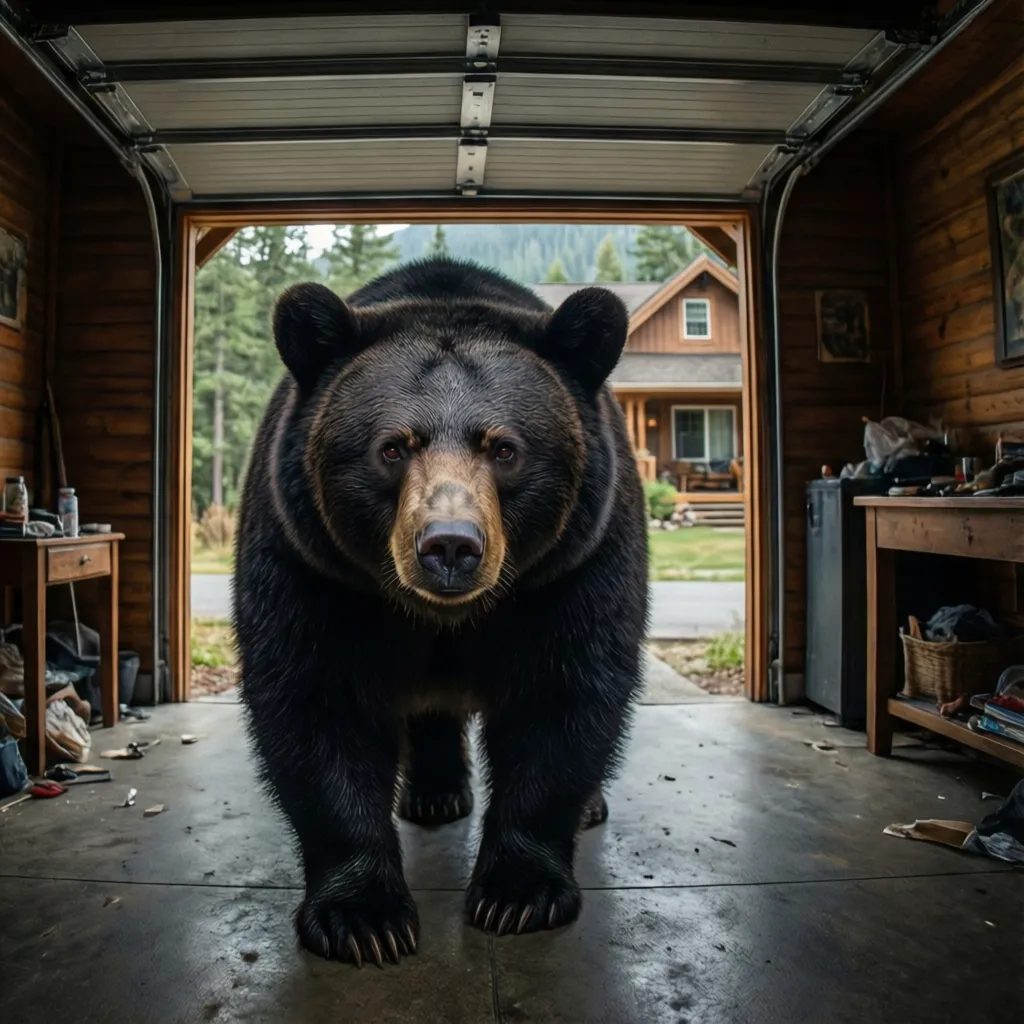 Large black bear stands inside a wooden garage looking out toward a house and green trees
