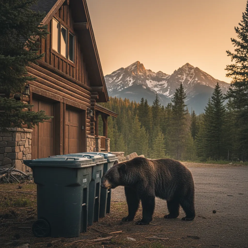 Large brown bear looking at green trash cans outside a wooden garage with mountain peaks