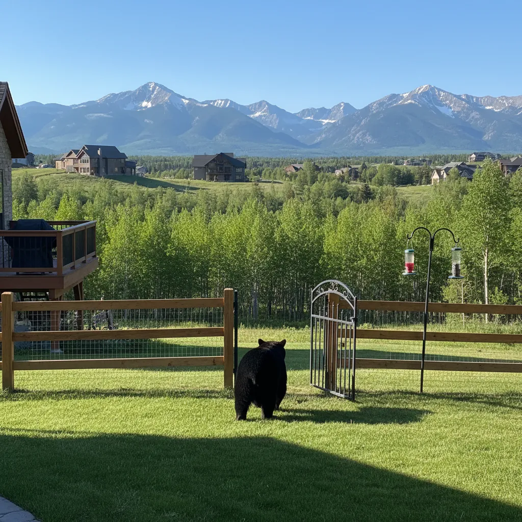 Black bear standing in a green backyard near a wooden fence with mountains in background