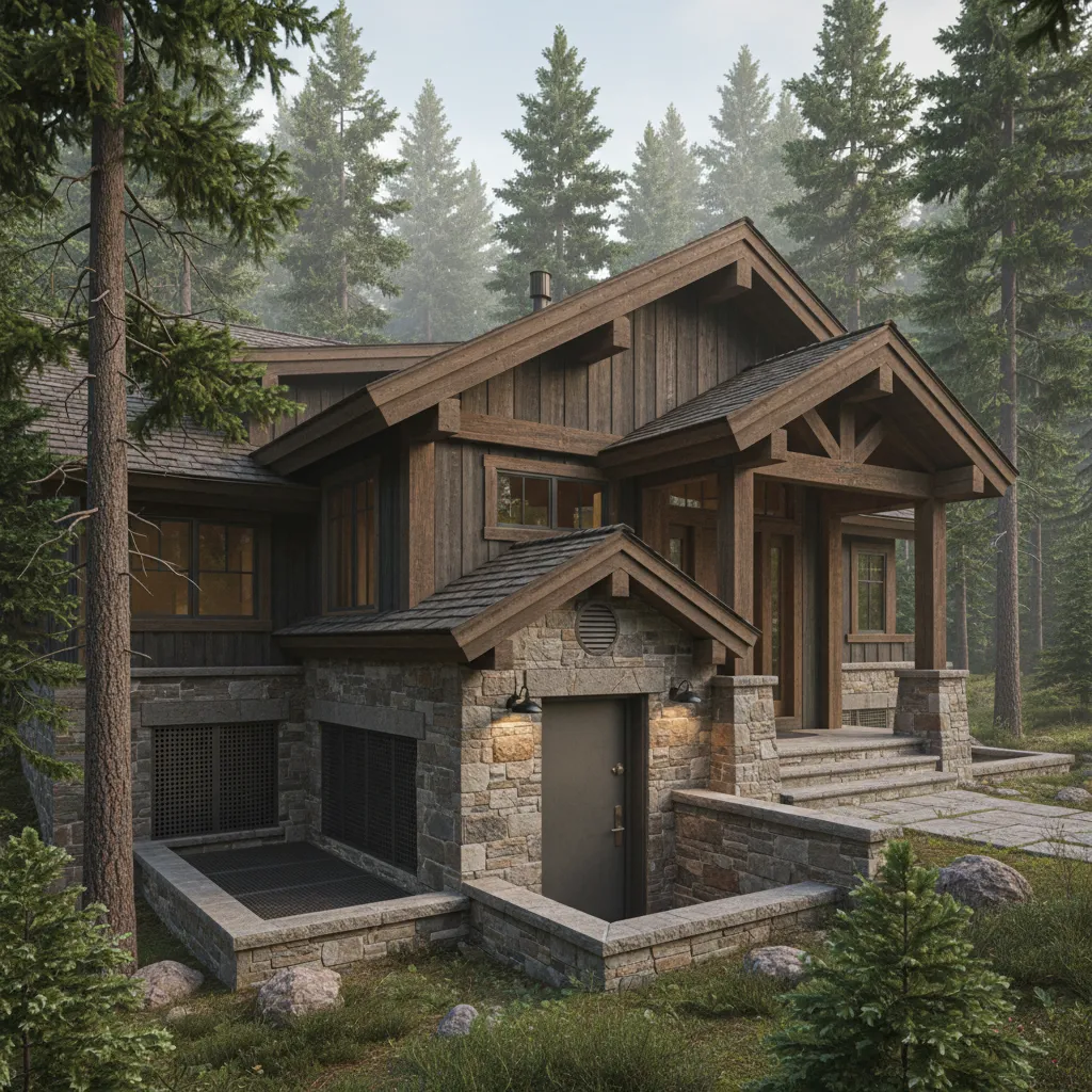 Rustic wood cabin with stone base surrounded by tall pine trees in a foggy forest