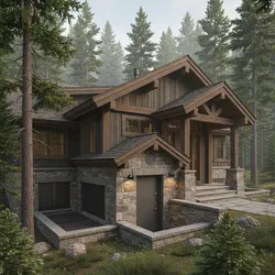 Rustic wood cabin with stone base surrounded by tall pine trees in a foggy forest