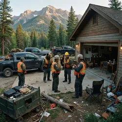 Group of wildlife officers in orange vests and helmets talking outside a garage near trucks