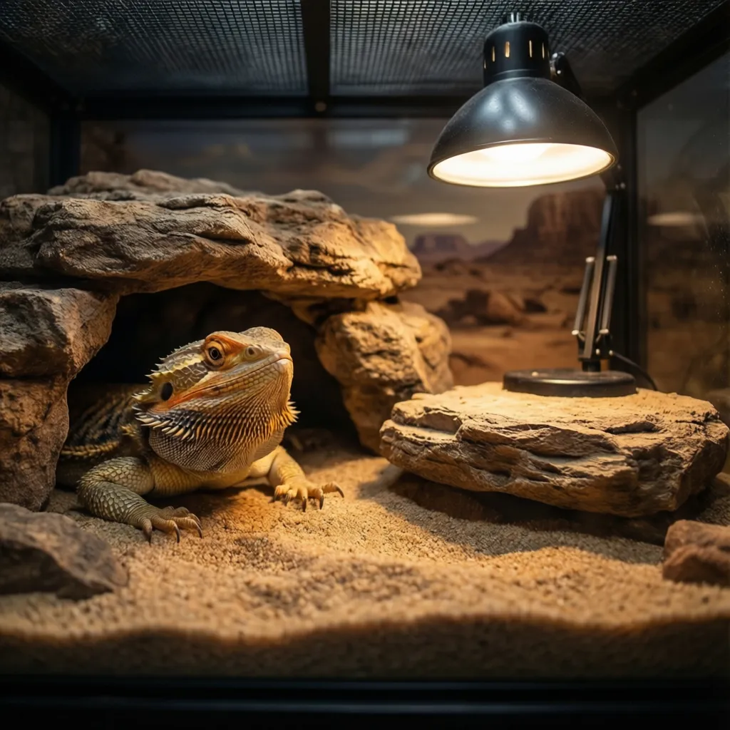 Bearded dragon resting under a shaded hide instead of basking under the lamp