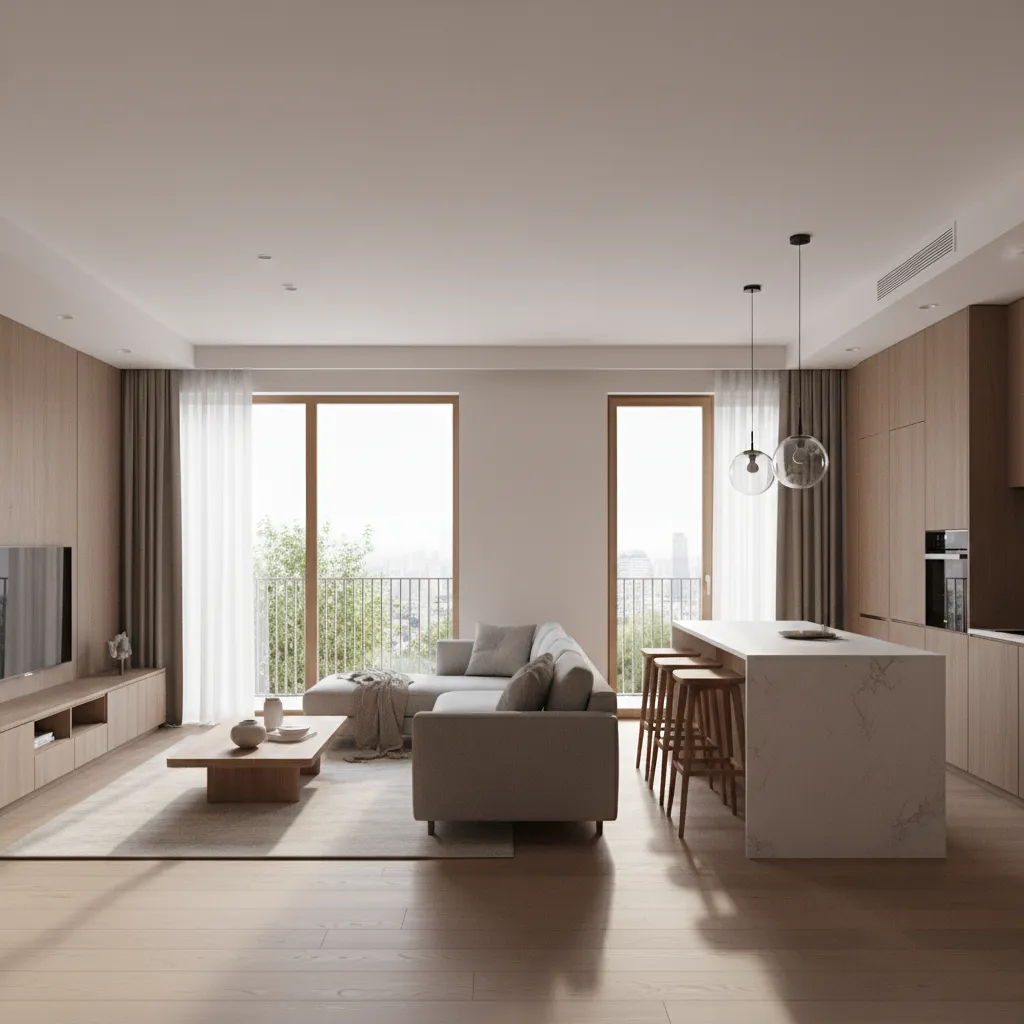 Coohom interior design drawing of living room with grey sofa wooden coffee table and island