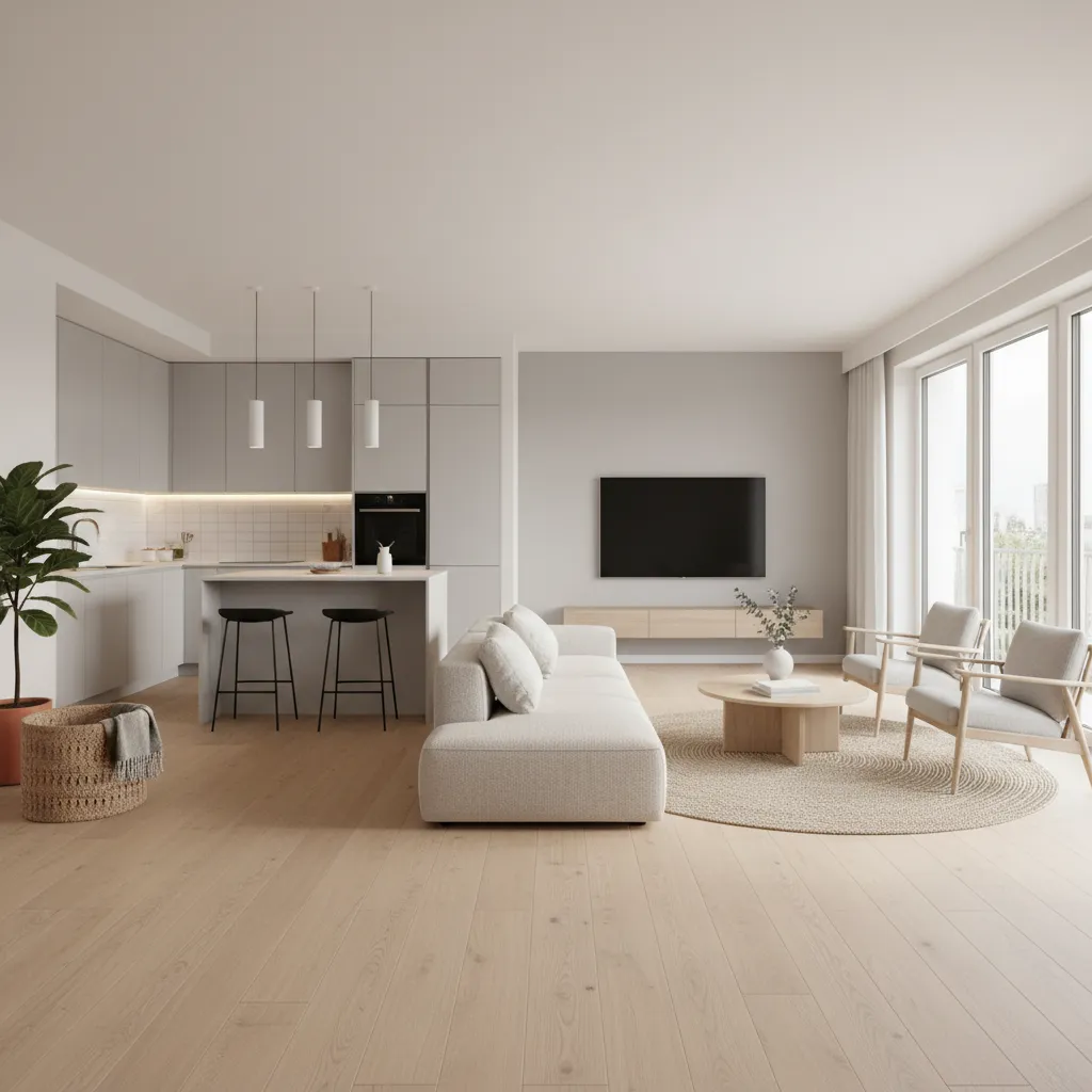 Modern open living room with white sofa grey armchairs wood floor kitchen island and windows