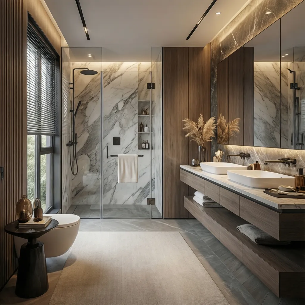 Modern bathroom with wood double sinks marble shower glass door large mirror and warm lighting