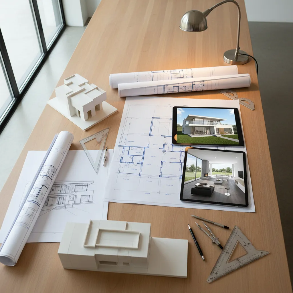 Wooden desk with house models and floor plans next to tablets showing 3D house designs
