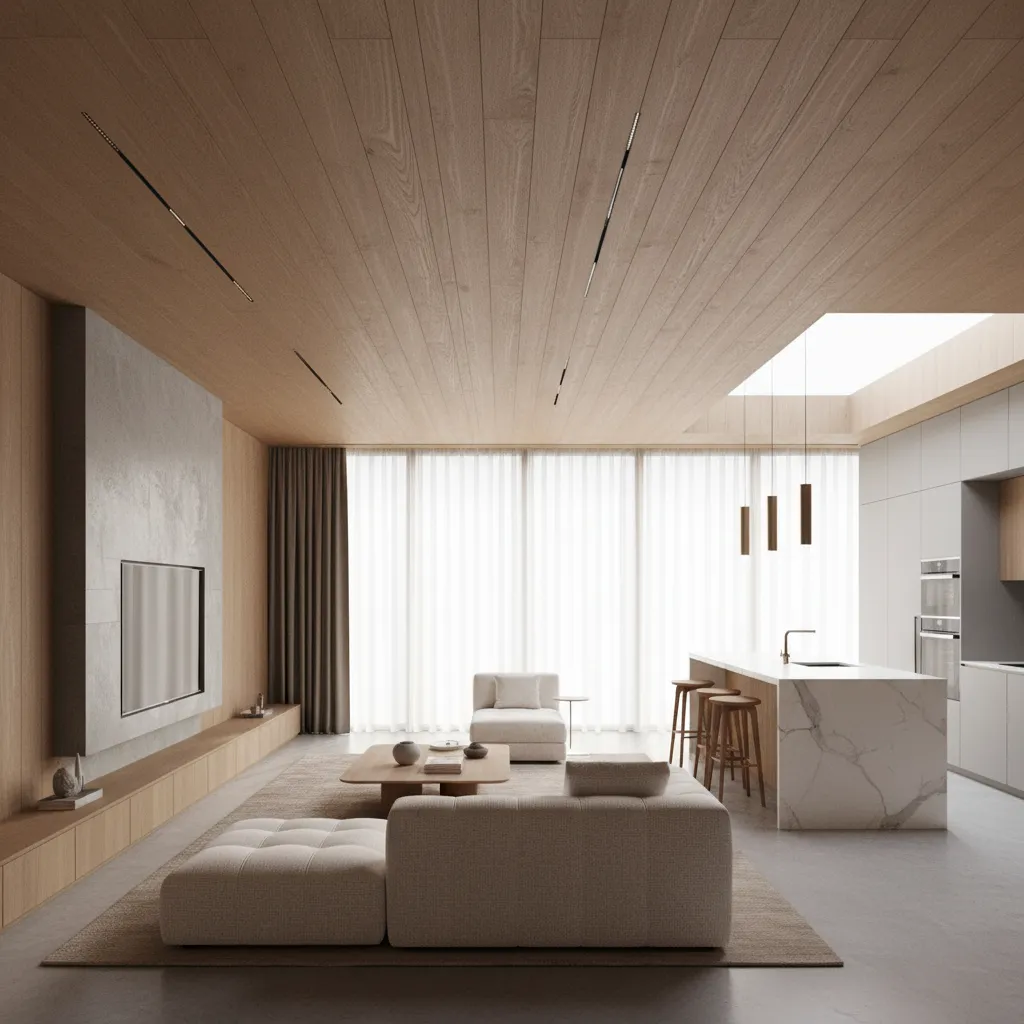 Modern living room with wood ceiling marble kitchen island beige sofa and large window curtains