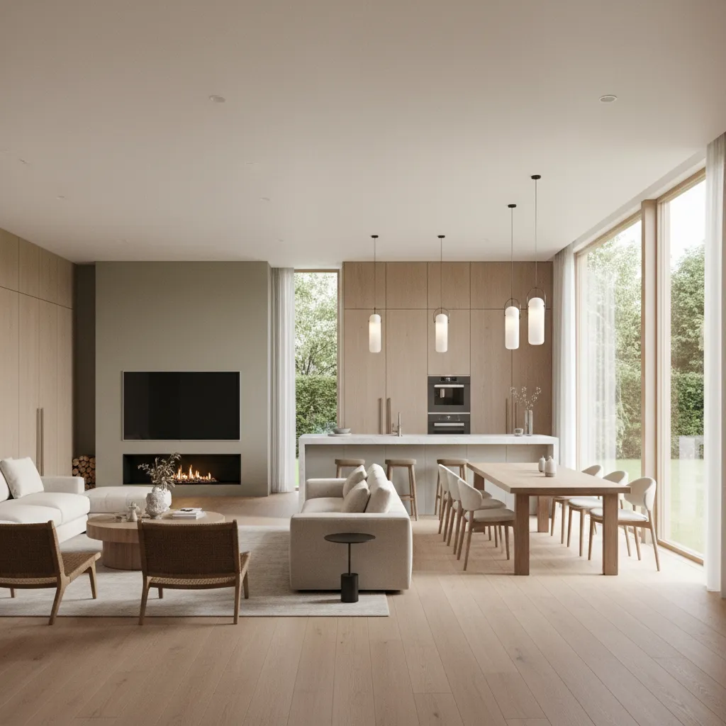 Open plan interior with sofa dining area kitchen island fireplace and hanging white ceiling lights