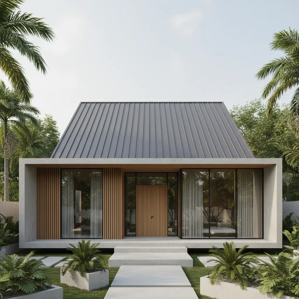 Modern home with grey metal roof wooden front door large windows concrete path and plants