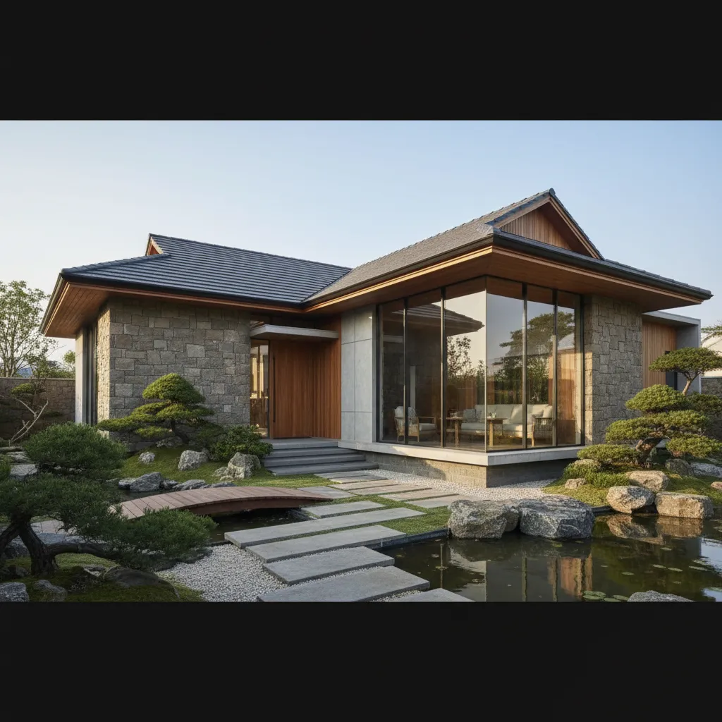 Modern stone and wood house with large windows beside a pond and a stone path