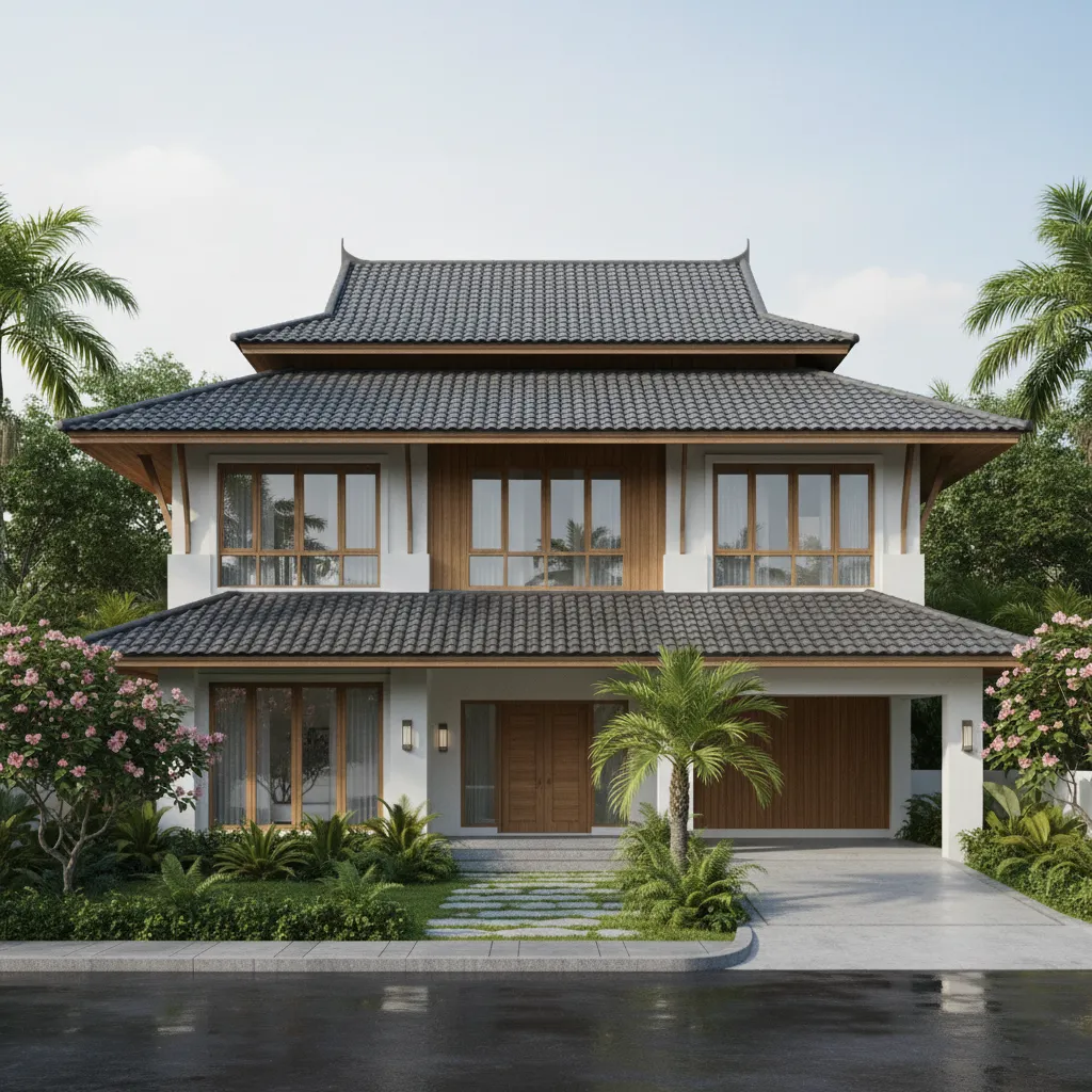 Front view of white two story house with grey roof, wooden doors, driveway, and plants
