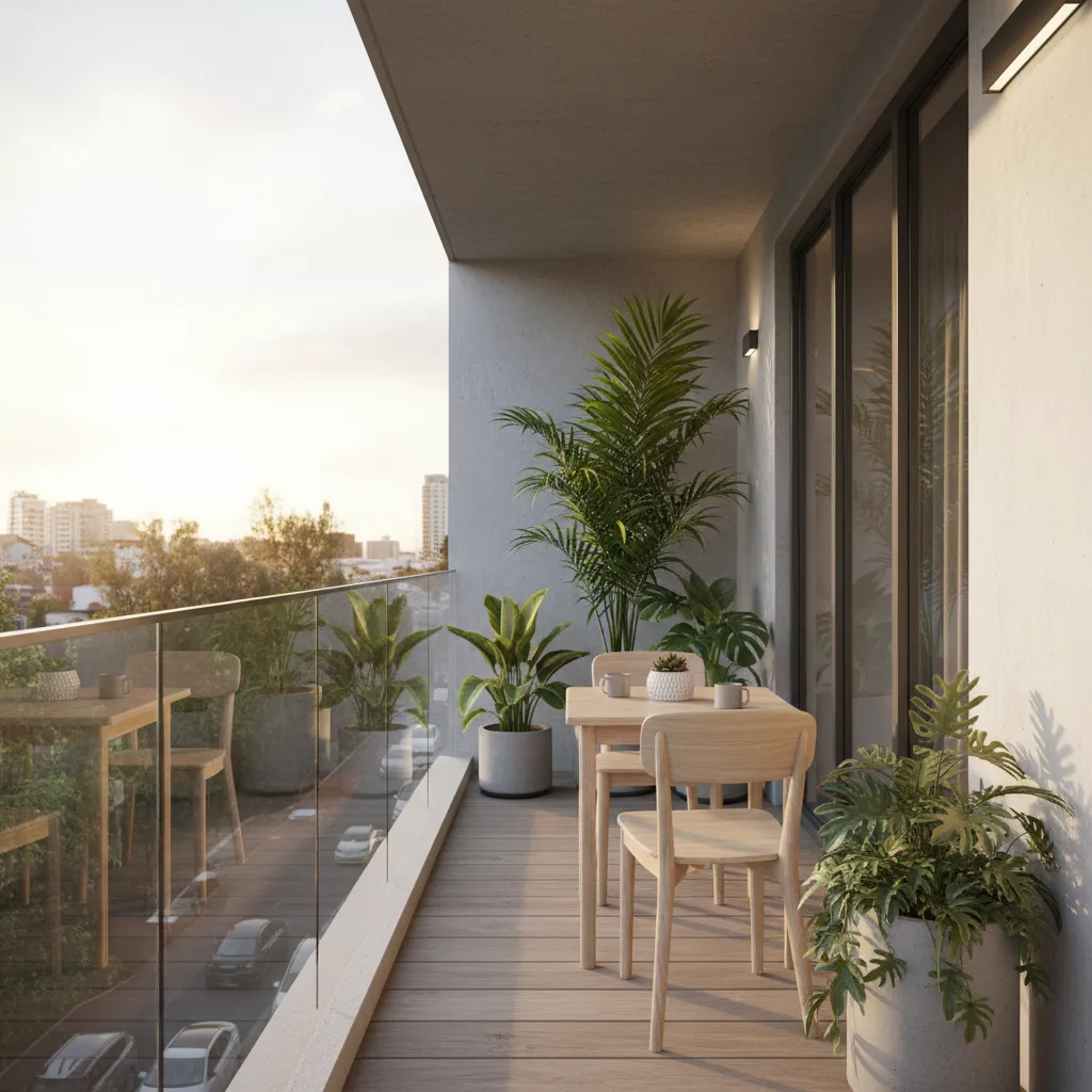 Narrow balcony with wood floor, light wooden dining table, chairs, large green plants, glass railing