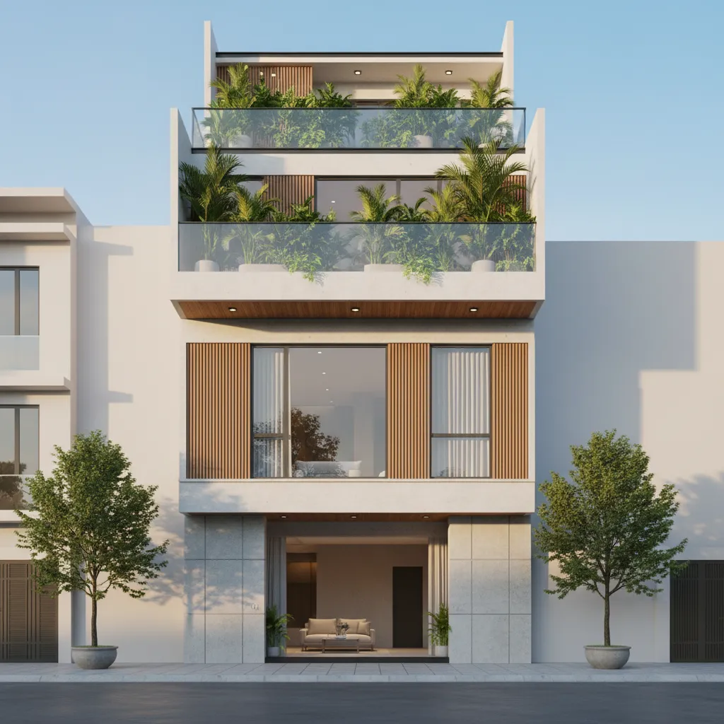 Modern three story house exterior with white walls wood panels green plants on balconies trees