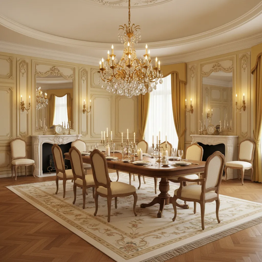 beauty and the beast inspired dining room with warm gold lighting and classic furniture
