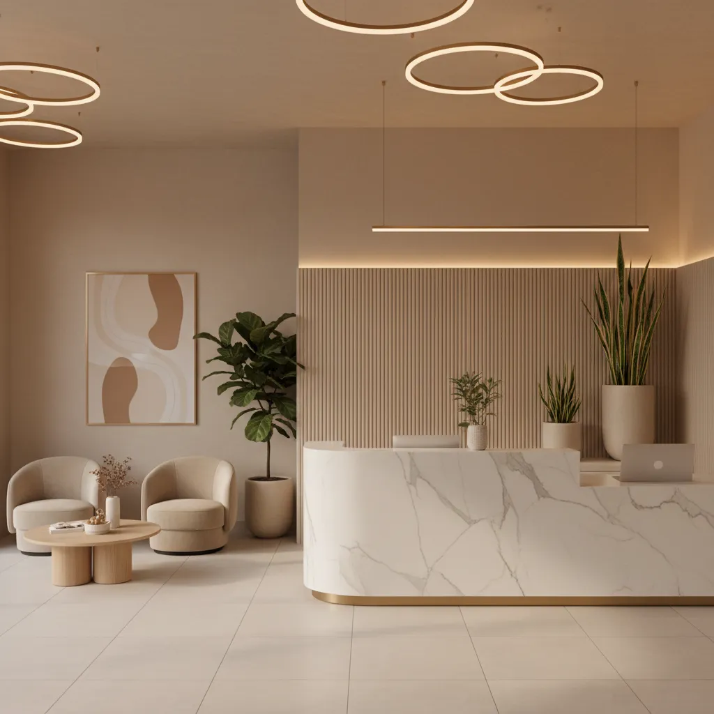 Recepción elegante de centro de estética con iluminación cálida