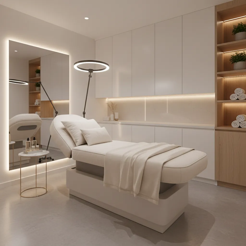 Cabina de tratamiento estética bien organizada con camilla y luz profesional