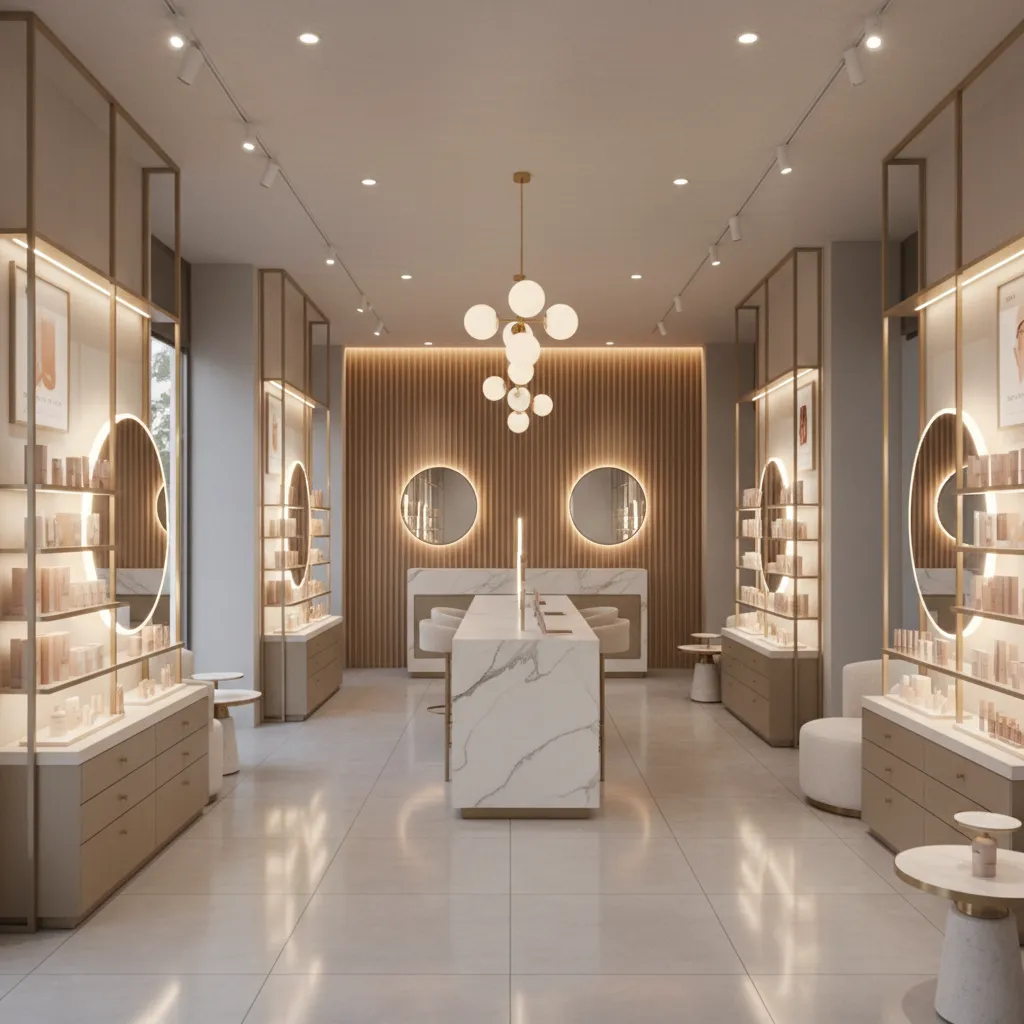 Beauty store interior with round mirrors marble tables globe ceiling light and vertical wood panel