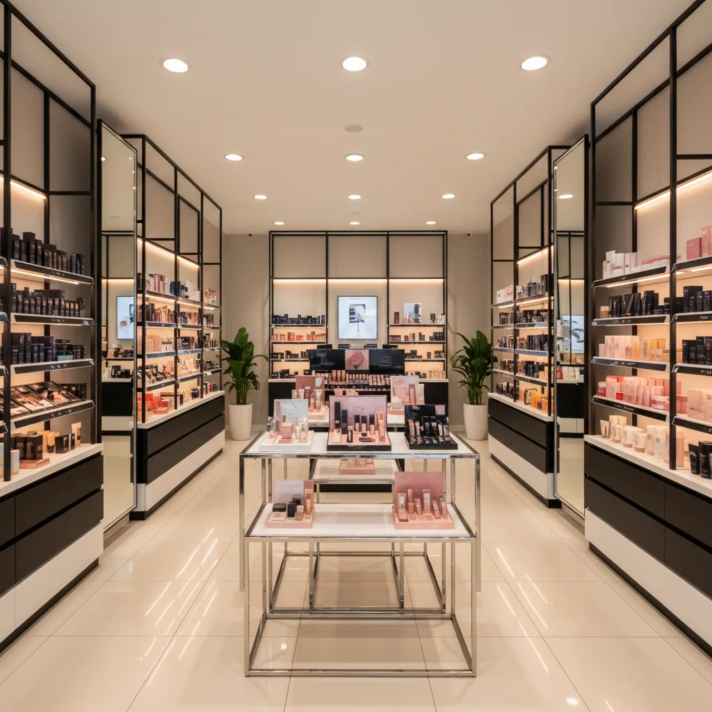 Modern beauty store layout featuring black framed shelves, central display tables, and pink cosmetic products