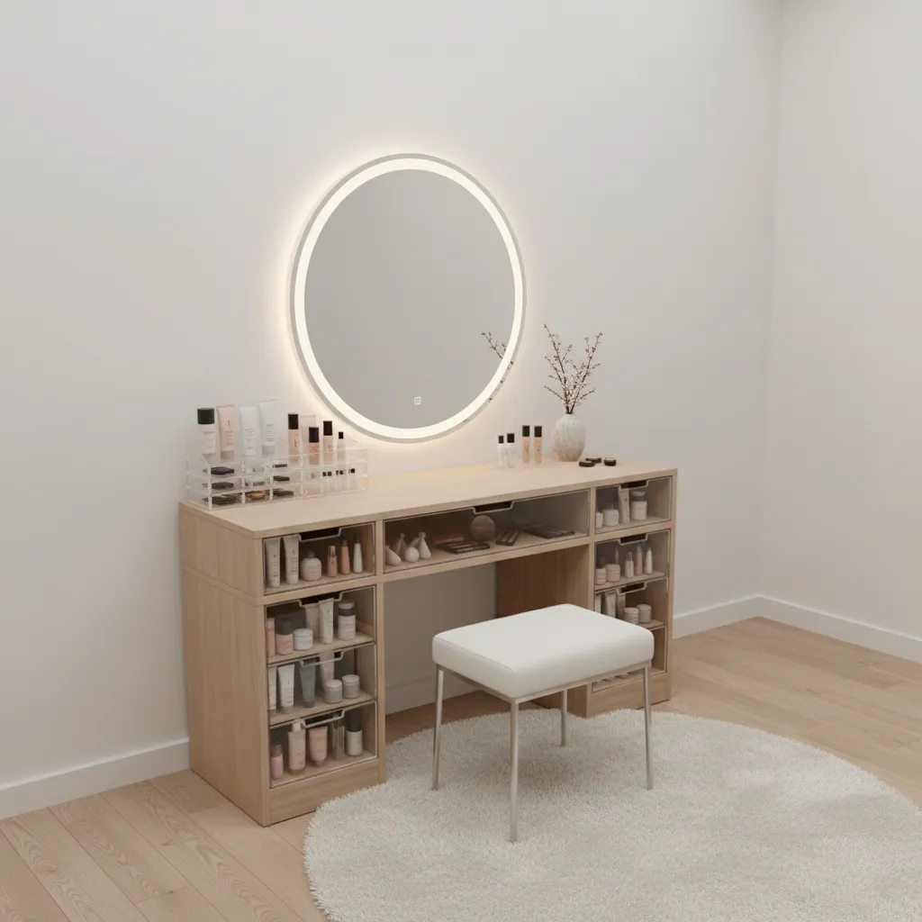 Organized beauty vanity with cruelty free makeup products