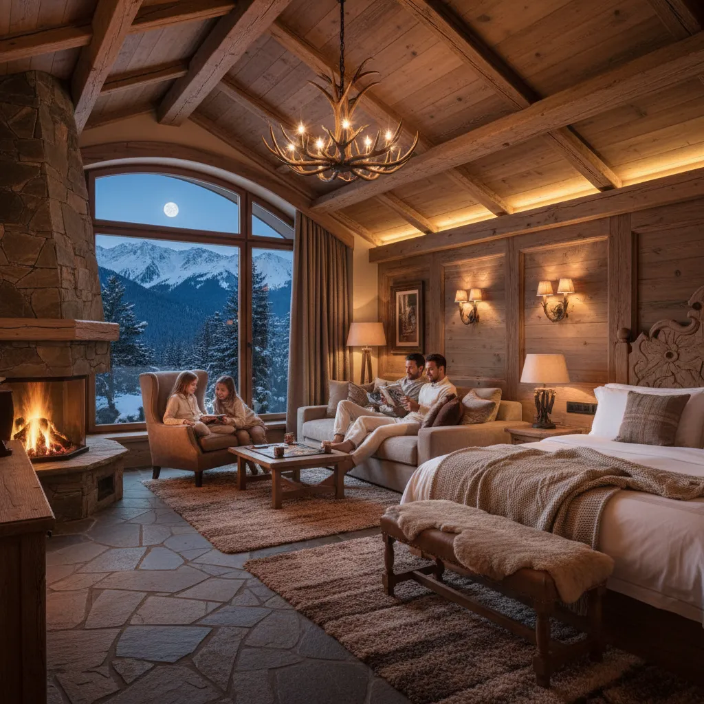 Family relaxing in a luxury ski resort room after skiing