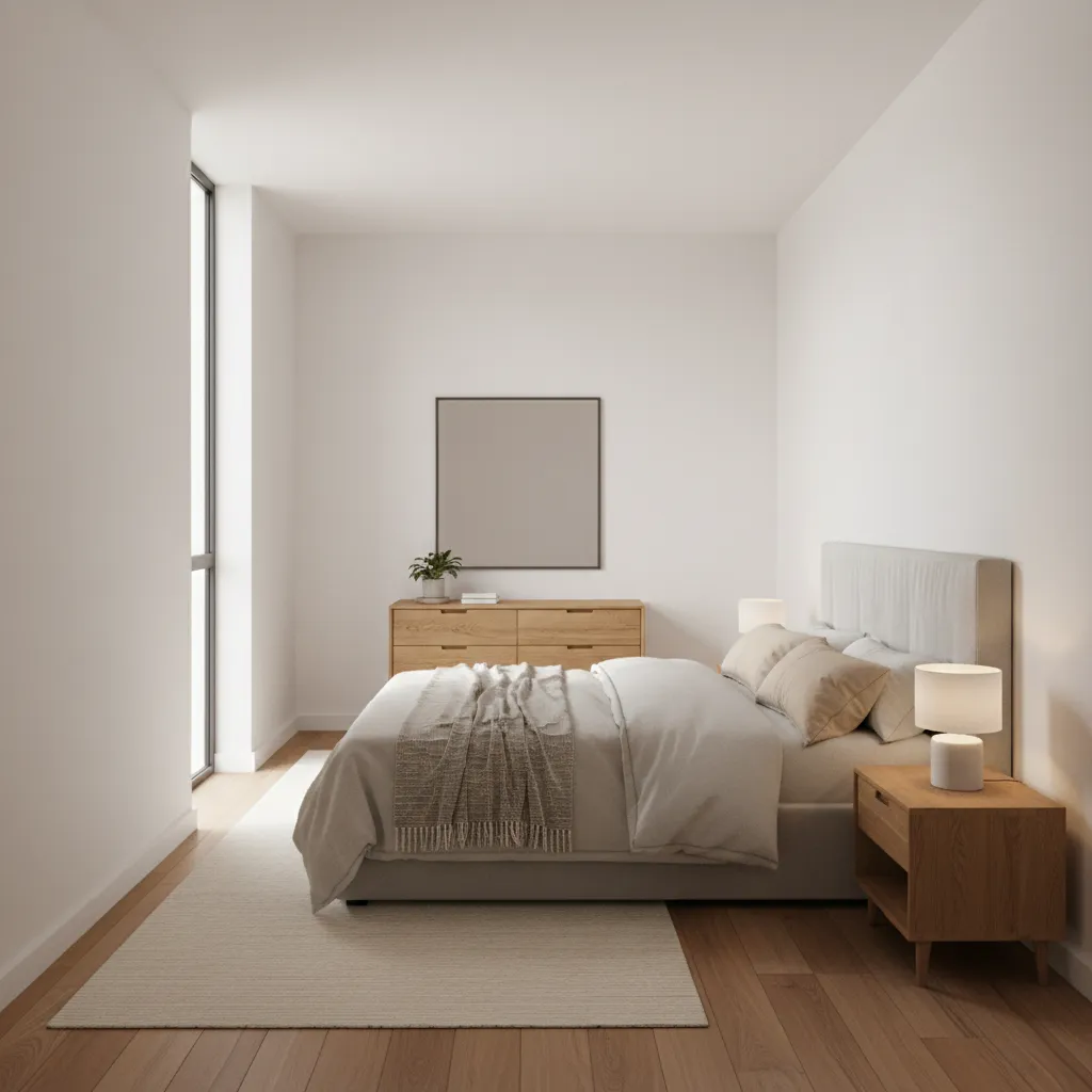 9x11 bedroom with bed placed along the long wall and walkway beside it