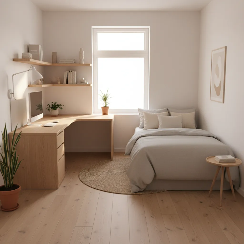 small bedroom layout with bed against wall and corner desk workspace