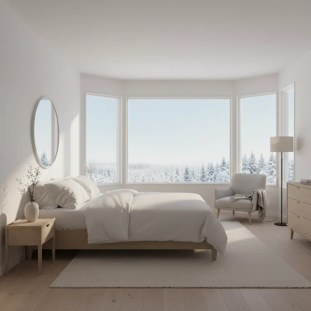 Bedroom with bed placed beside a bay window receiving soft side lighting