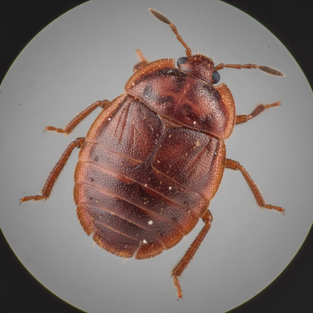Macro view showing oval body shape and segmented abdomen of a bed bug