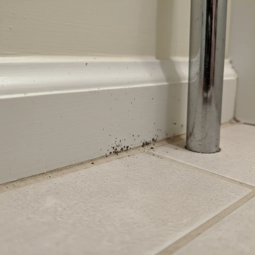 Close view of bathroom baseboard corner with small dark spotting indicating possible bed bug activity