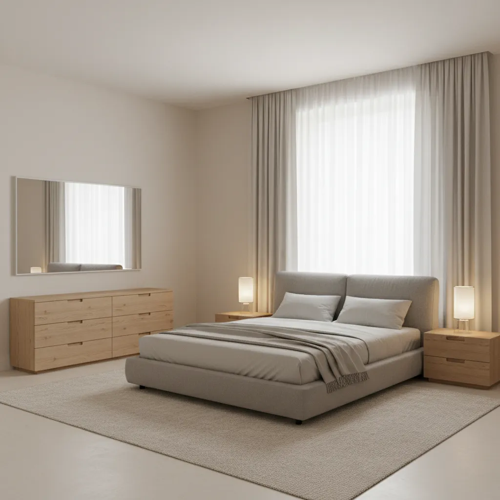bed centered furniture layout in a 12x12 bedroom with nightstands and dresser