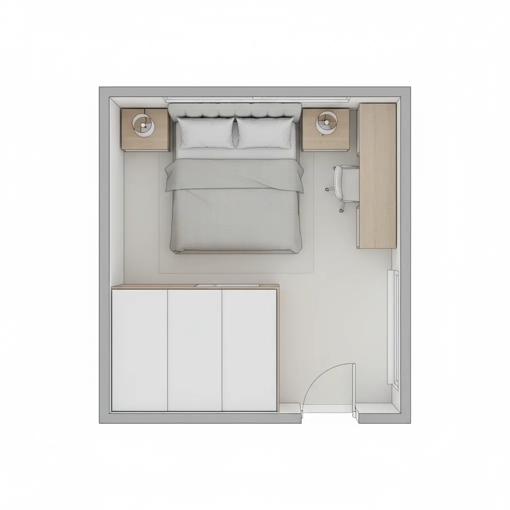Top view layout of small room showing bed and desk placement