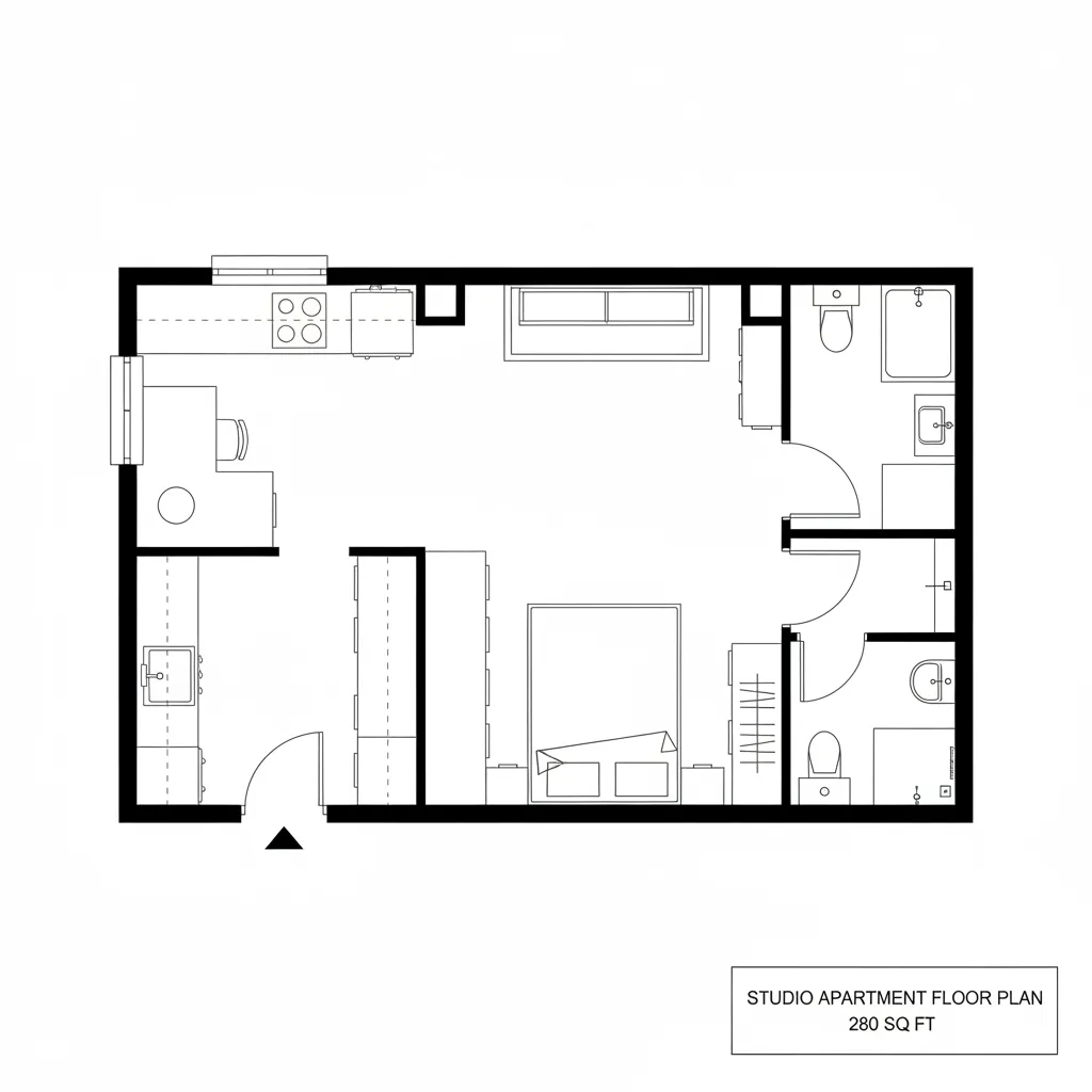 Top-down plan of studio with longitudinal bed/desk spine and clear loop to window bay
