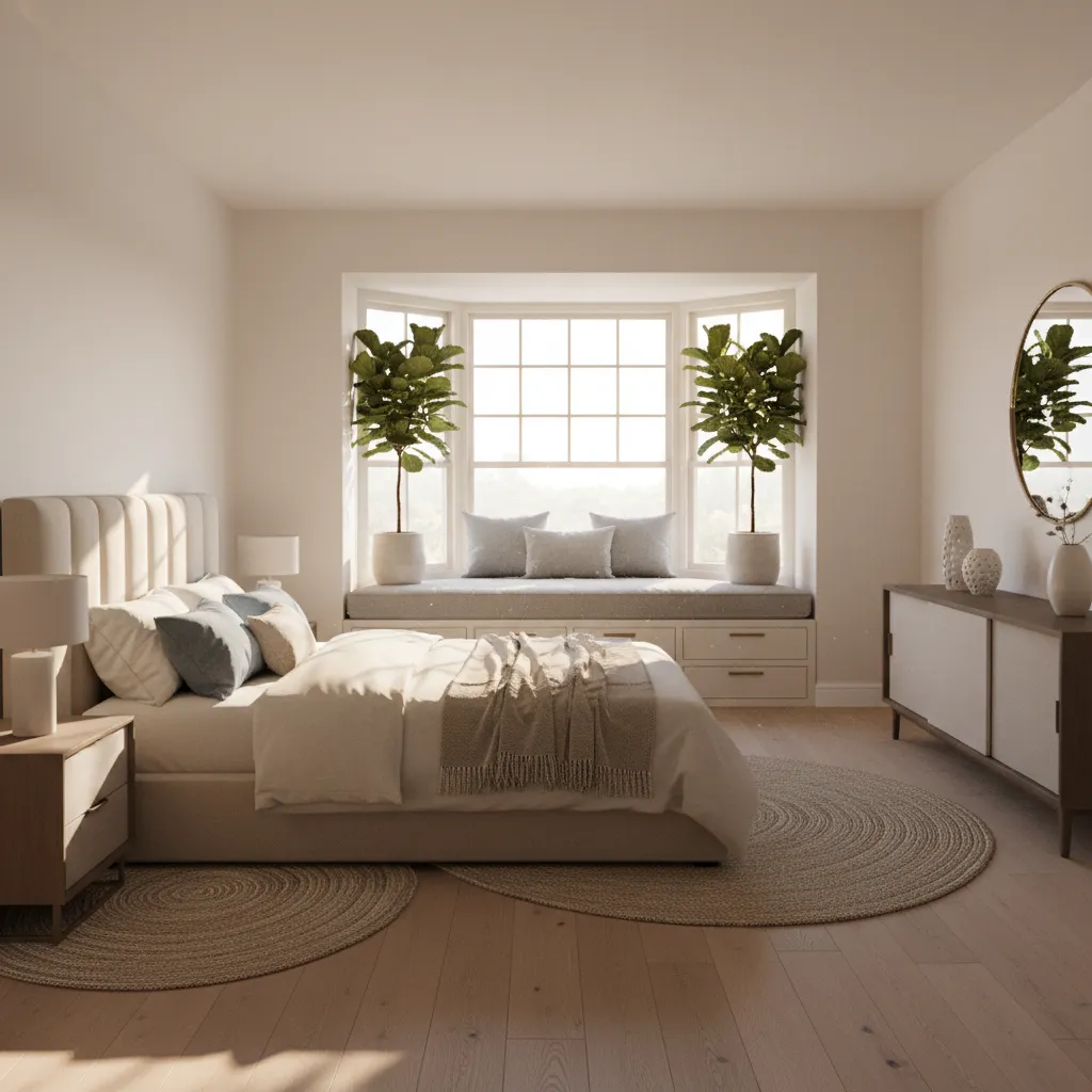Bedroom layout with bed facing a large bay window and seating area