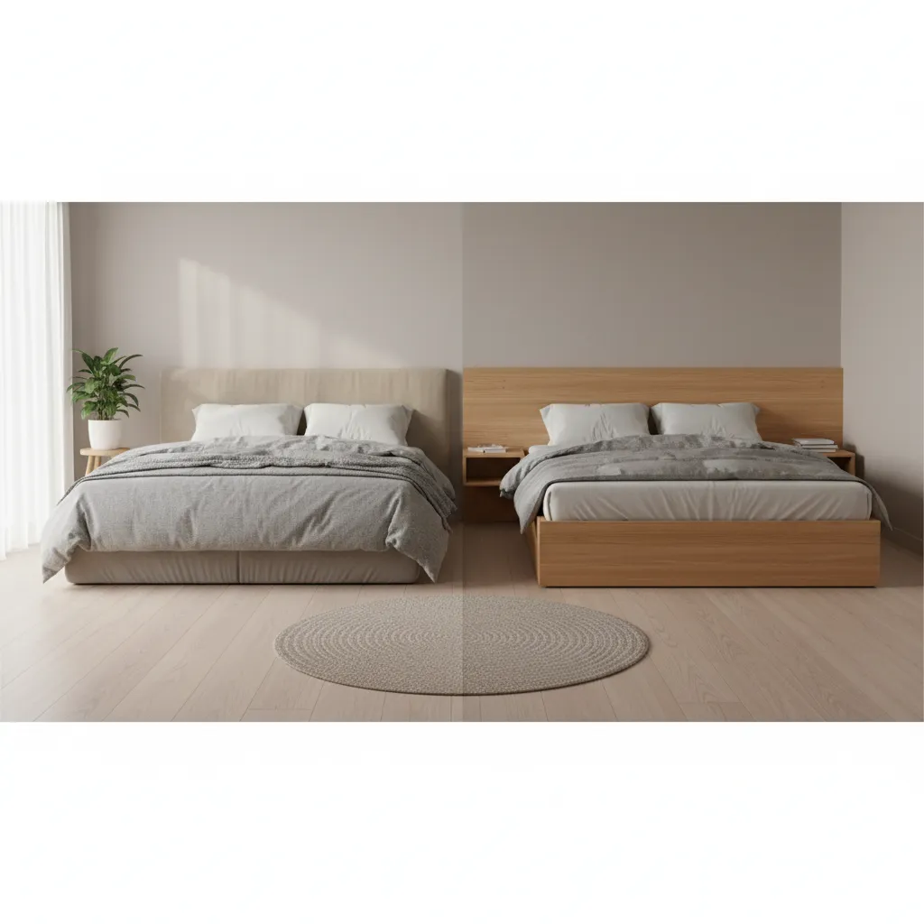 Bedroom showing height difference between mattress on floor and raised bed frame