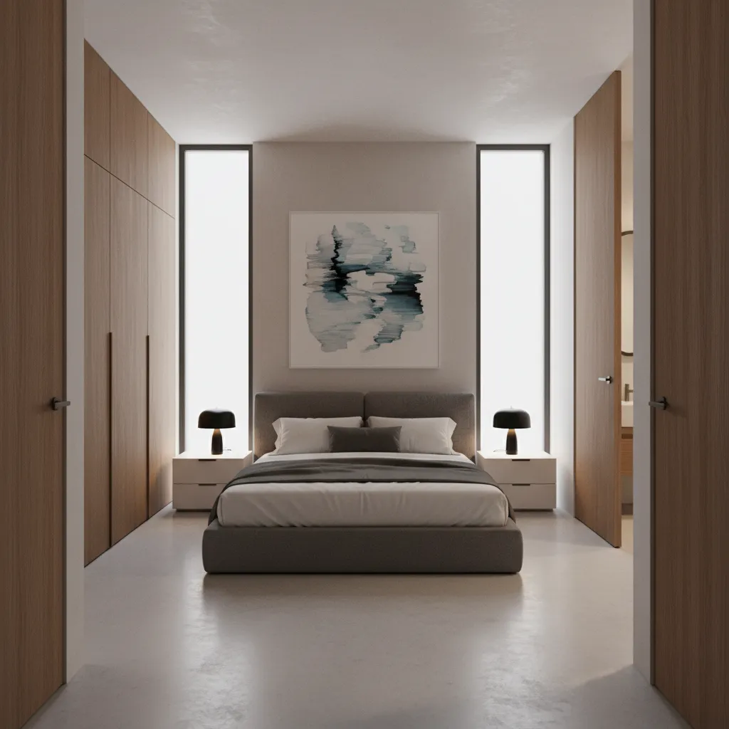 Bed placed against the longest wall in a bedroom with multiple doors